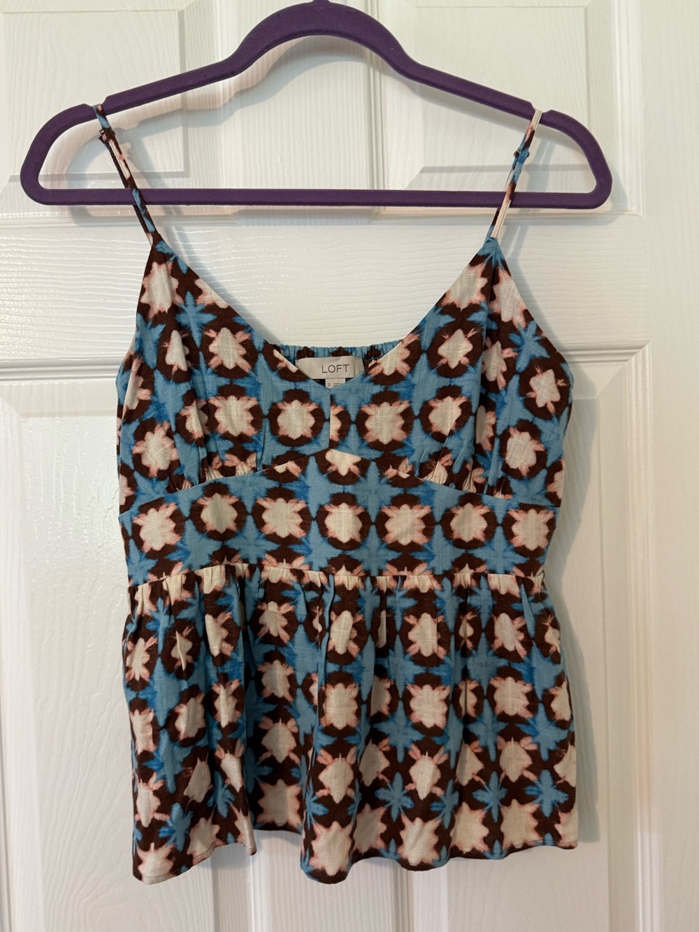 LOFT Blue Floral-Print Spaghetti Strap Peplum Top Linen